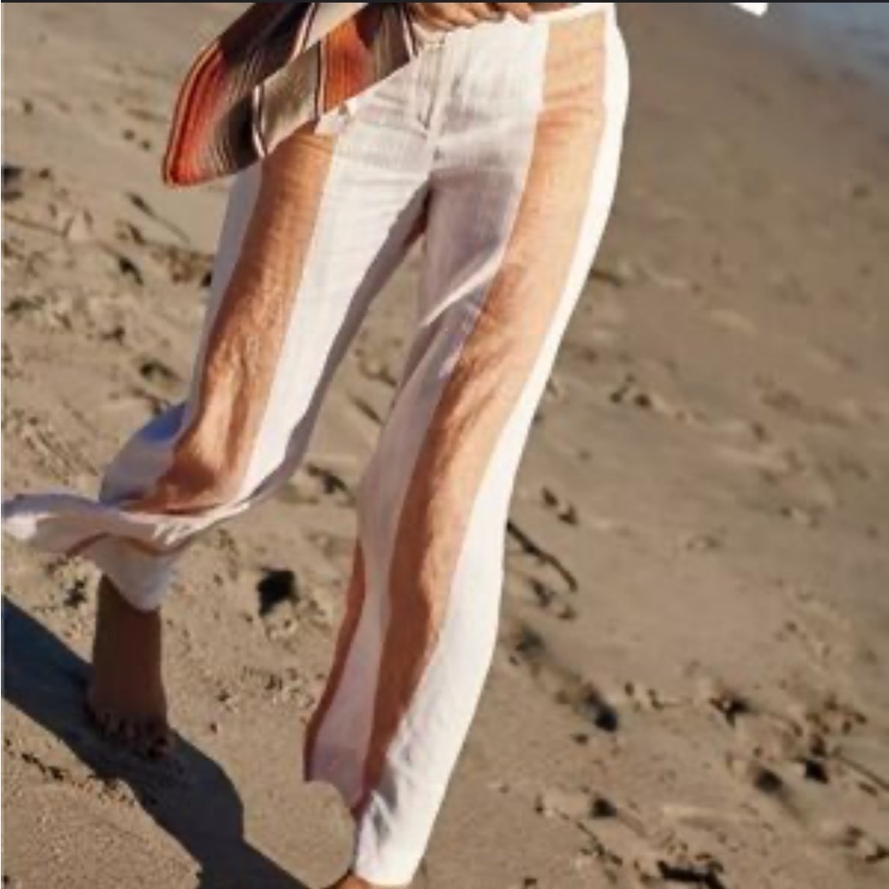 Anthropologie ett:twa Beige Striped Wide Leg Linen Trousers Size 8